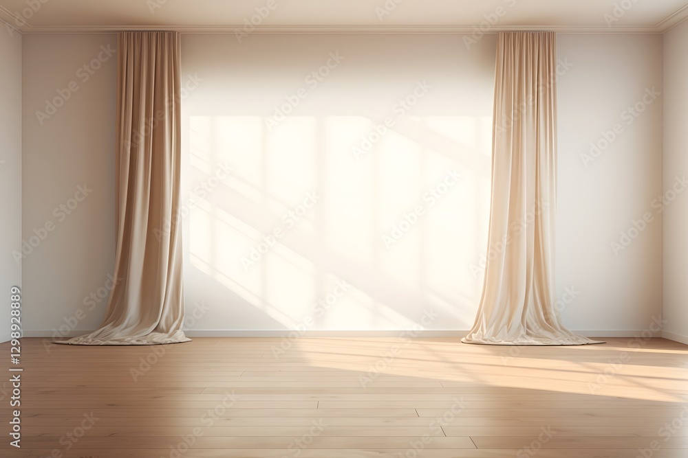 Fototapeta premium Serene and Spacious Empty Room with Luxurious Curtains and Rug in Light White and Brown Tones