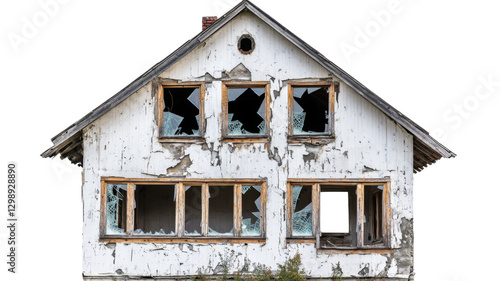 Abandoned house with broken windows and peeling paint on transparent background photo