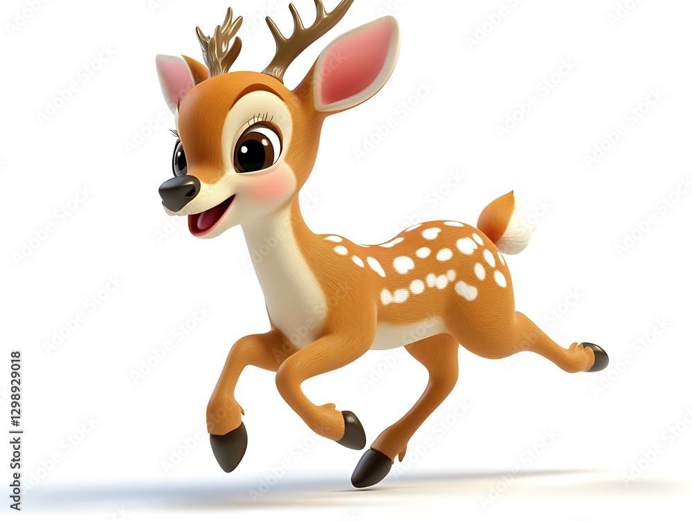 Playful cartoon deer running joyfully in a whimsical forest scene Playful cartoon deer running joyfully in a whimsical forest scene