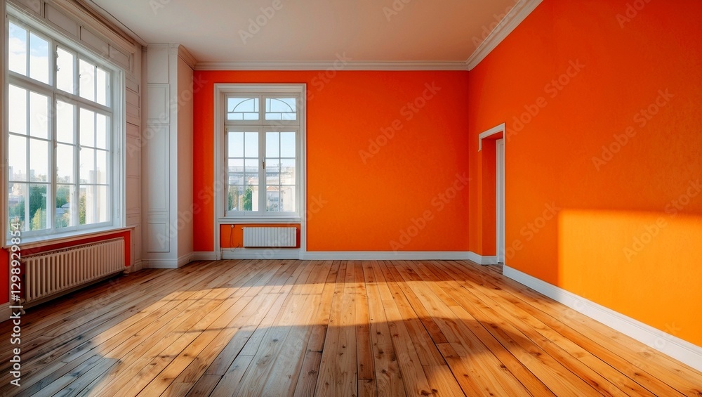 Fototapeta premium Bright orange wall room with natural light