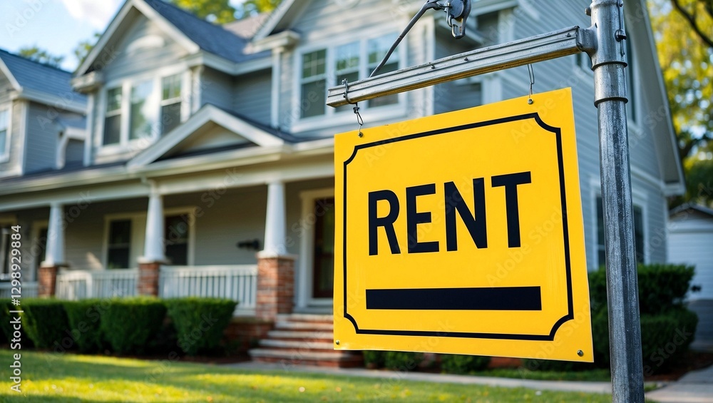 Fototapeta premium Bright yellow rent sign displayed outside a house
