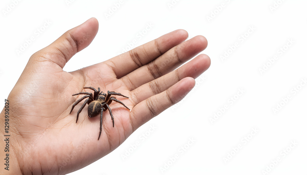 close-up of a small brown spider resting on a human hand, detailed macro photography of arachnid with long legs, exotic pet concept on isolated white background
close-up of a small brown spider resting on a human hand, detailed macro photography of arachnid with long legs, exotic pet concept on isolated white background