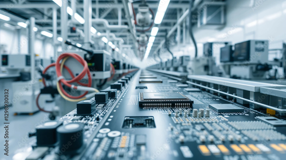 Computer chips assembly line in manufacturing plant, modern electronics production factory Computer chips assembly line in manufacturing plant, modern electronics production factory