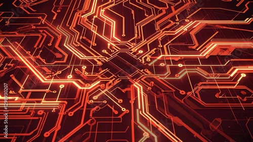 futuristic glowing red orange circuit board technology looping