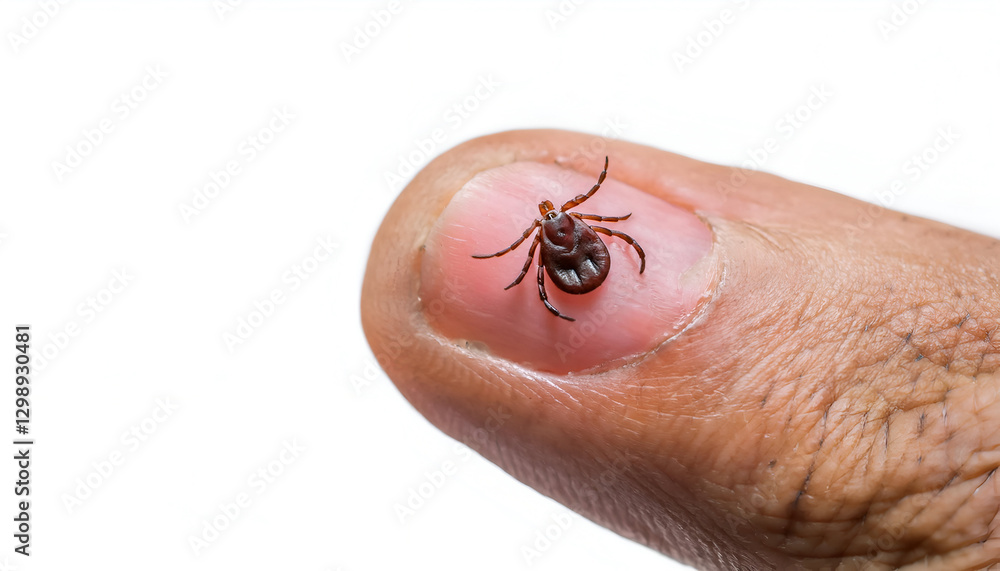 Obraz premium macro close-up of a brown tick on human fingernail, detailed view of small parasite and disease-carrying insect on isolated white background 