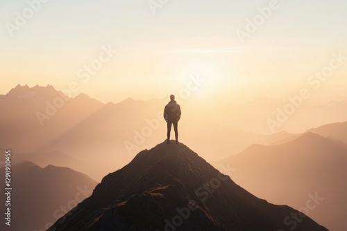 portrait of determined young man standing atop mountain peak at sunrise looking toward horizon