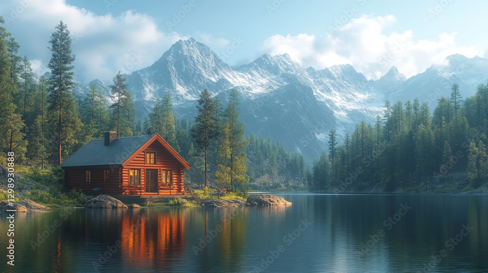 Fototapeta premium Red cabin by tranquil lake reflecting mountains.