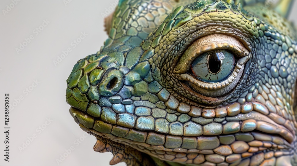 Fototapeta premium Close-up of a vibrant, intricately detailed lizard showcasing its textured skin against a neutral background