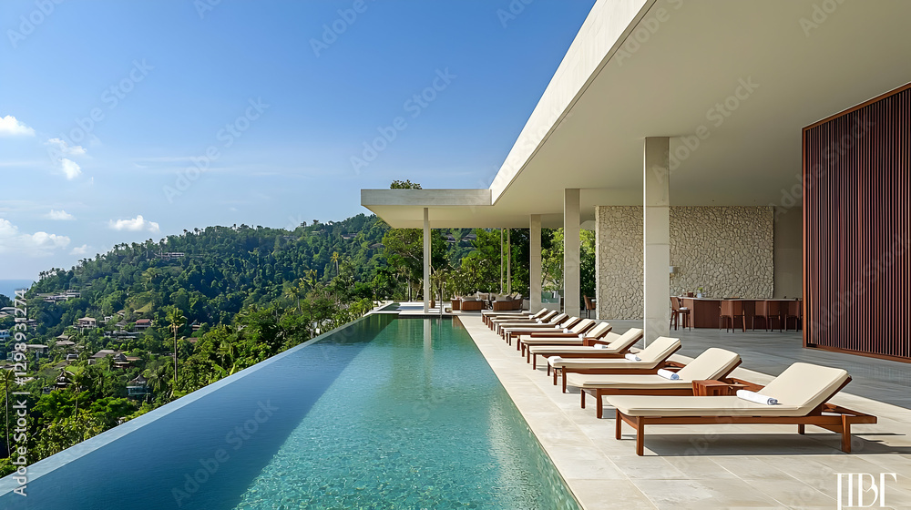 Fototapeta premium Luxury Infinity Pool Overlooking Tropical Landscape on Sunny Day