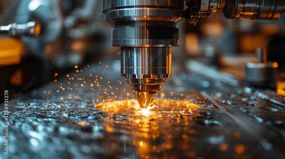 Advanced machinery performs precision cutting, creating bright sparks as metal is processed in a modern, automated manufacturing facility. Advanced machinery performs precision cutting, creating bright sparks as metal is processed in a modern, automated manufacturing facility.