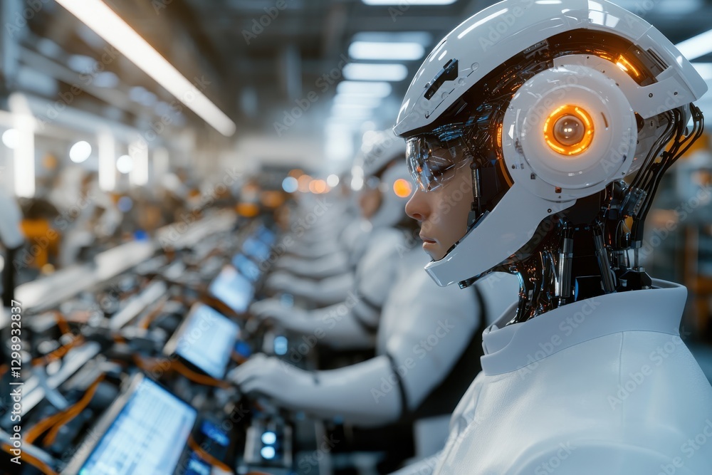 Fototapeta premium Multiple humanoid robots operating in a futuristic production line reflect the advancement of automation in manufacturing, enhancing efficiency and productivity in industries.