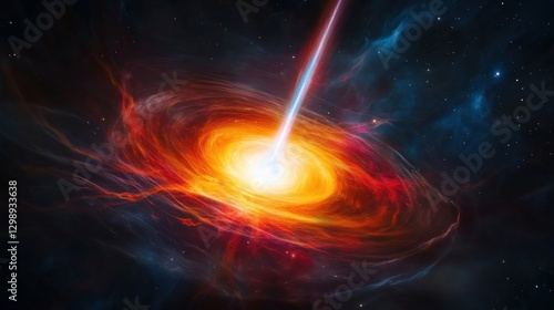 quasar emitting bright energy, showcasing vibrant colors ranging from deep blue to bright orange, spinning around a central point