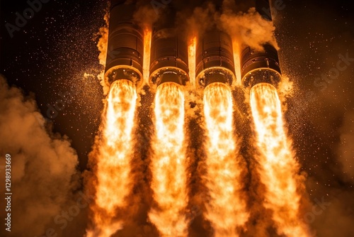 space shuttle launching, showing the intense flames and smoke billowing from the rocket boosters