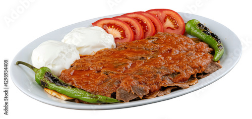 PNG Turkish Döner Iskender Kebab - Tender thin rich slices of döner meat smothered in rich tomato sauce, served over mini cube shaped sliced pide bread pieces and dollop of yoghurt