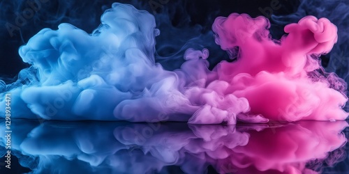 Thick smoke rolls across a reflective black floor creating depth and contrast in an abstract background that captivates with swirling colors and textures