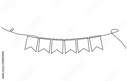 Continuous line art drawing buntings garland. Celebration party hand drawn flags, One line party garland sketch. Hand drawn elements.