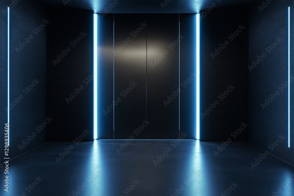 Stylish steel blue partition with central copyspace in a modern black room enhanced by LED lights for 3D rendering mockup Stylish steel blue partition with central copyspace in a modern black room enhanced by LED lights for 3D rendering mockup