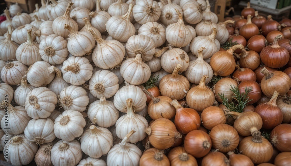 Harvesting fresh garlic and onions farmers market produce outdoor eye-level seasonal bounty Harvesting fresh garlic and onions farmers market produce outdoor eye-level seasonal bounty