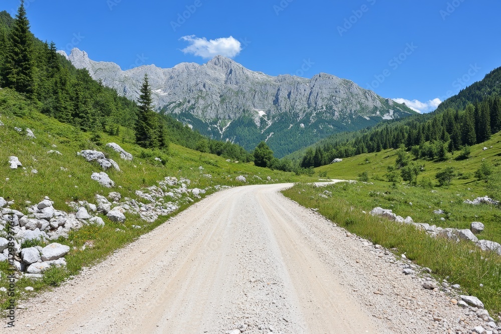 Fototapeta premium A winding road leading up a steep mountain pass, surrounded by pine forests