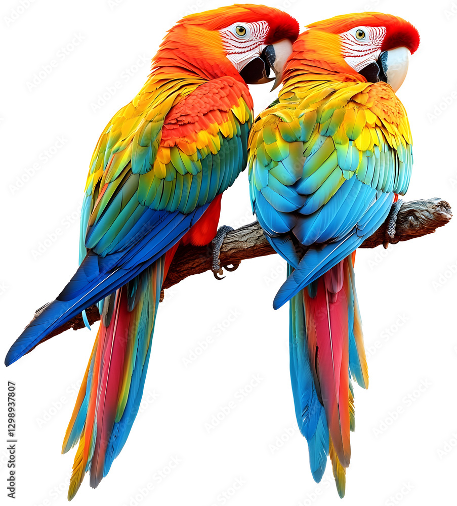 Fototapeta premium A pair of colorful tropical parrots perched together in a detailed