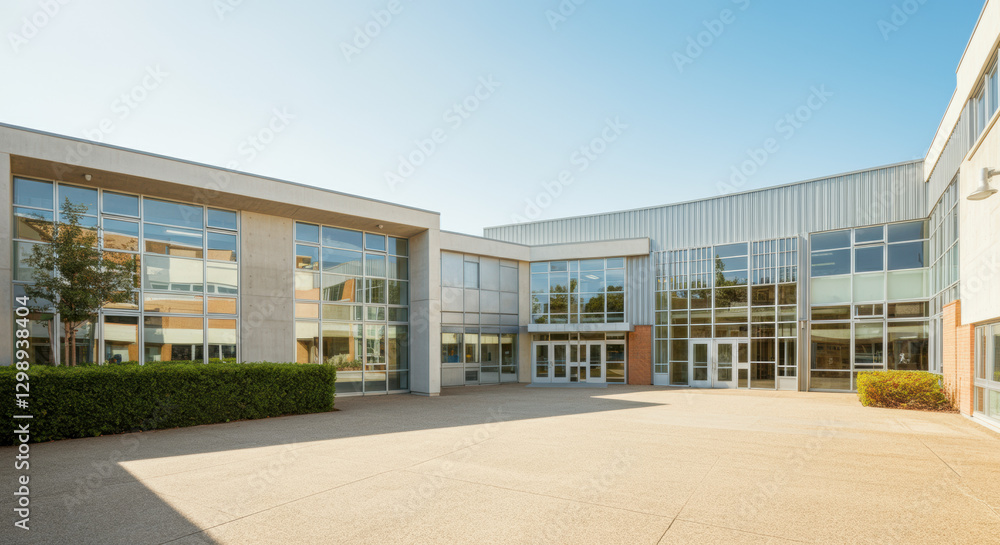 Modern high school building features sleek design and inviting courtyard with large glass windows in a bright environment Modern high school building features sleek design and inviting courtyard with large glass windows in a bright environment