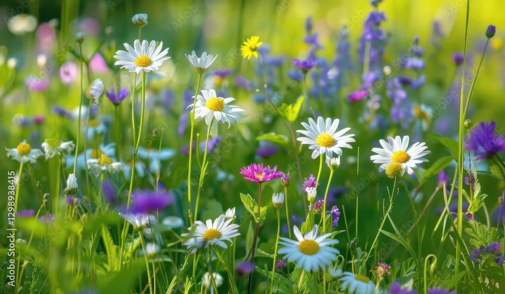 Fototapeta premium White purple violet stem flower on meadow glass field close up shot morning sunlight.