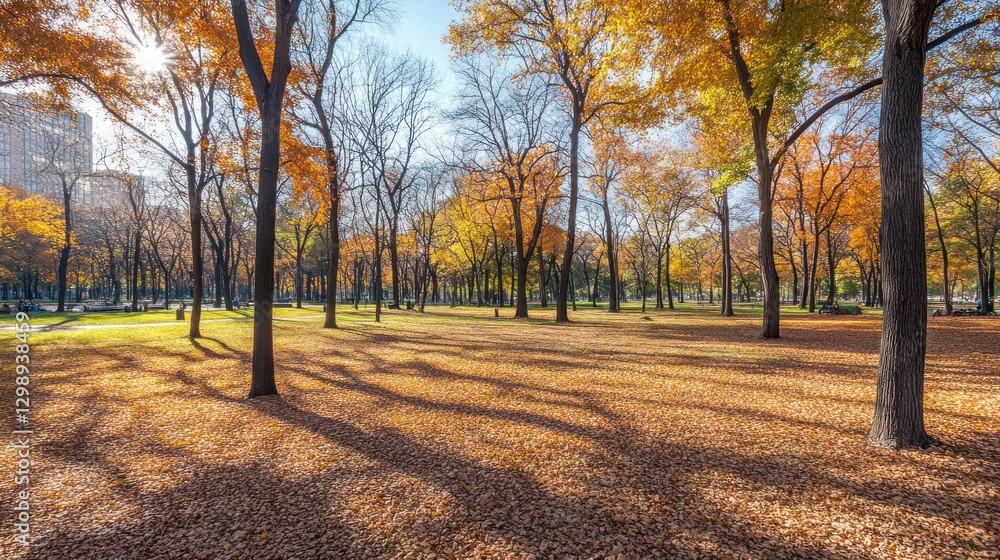Naklejka premium Walking Through Autumn Park with Golden Leaves and Sunlight Streaming