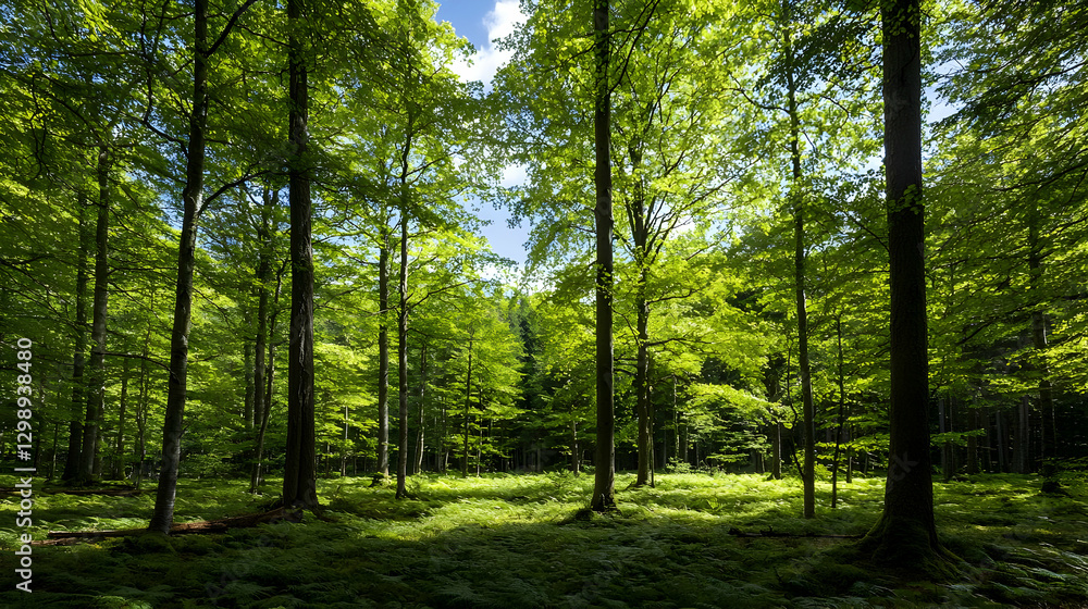 Fototapeta premium Lush Green Forest Illuminated By Bright Sunlight Through Tall Trees Creating Natural Light and Shadow Patterns