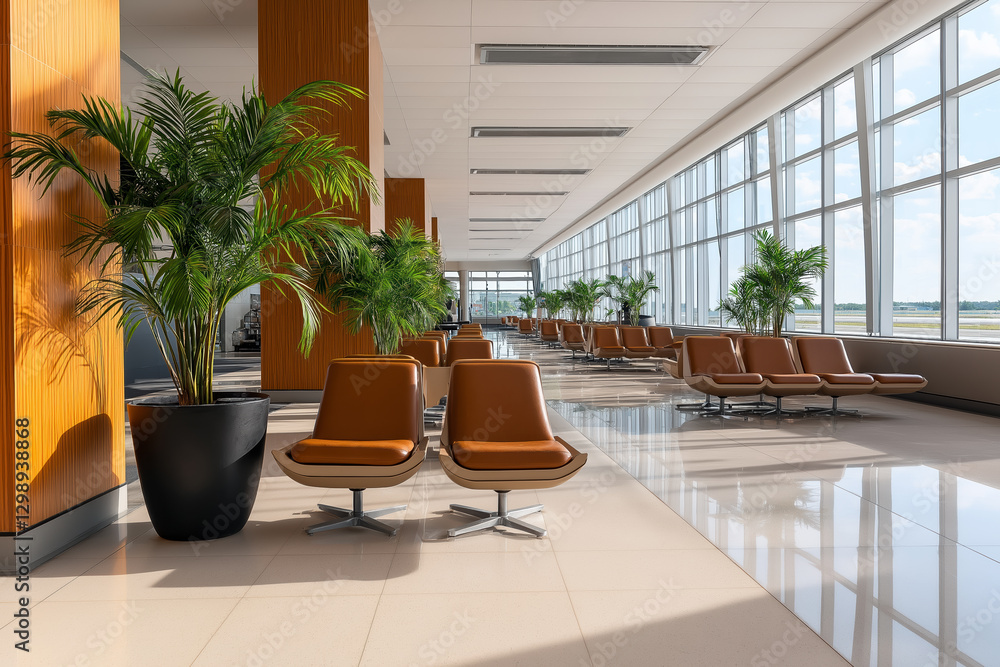 Fototapeta premium Modern and spacious airport departure lounge with plants and comfortable seating offering a relaxing atmosphere for travelers