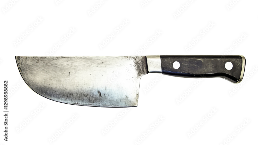 Large used chef knife with black handle on transparent background