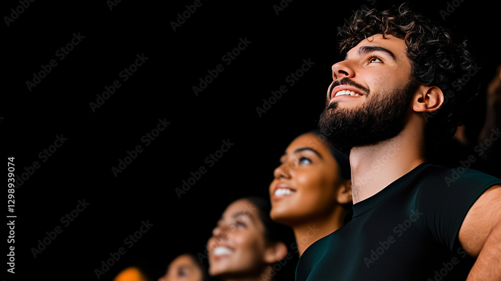 Obraz premium Emotional and candid photograph of diverse crowd looking up, expressing joy and wonder. scene captures moment of connection and shared experience