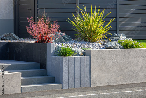 Foto Charmant petit jardin paysagé au printemps avec ses plante verte et ses fleurs aménagé par un paysagiste