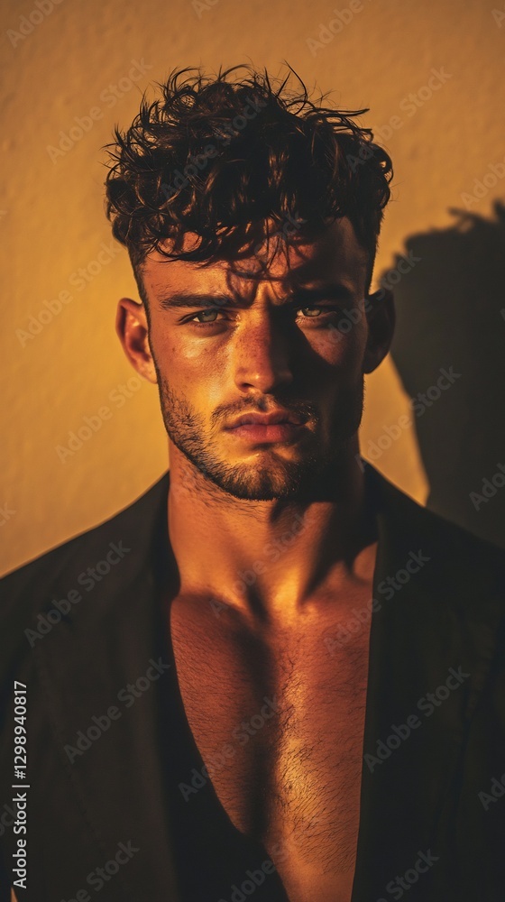 Fototapeta premium Man piercing eyes confident smirk gold backdrop