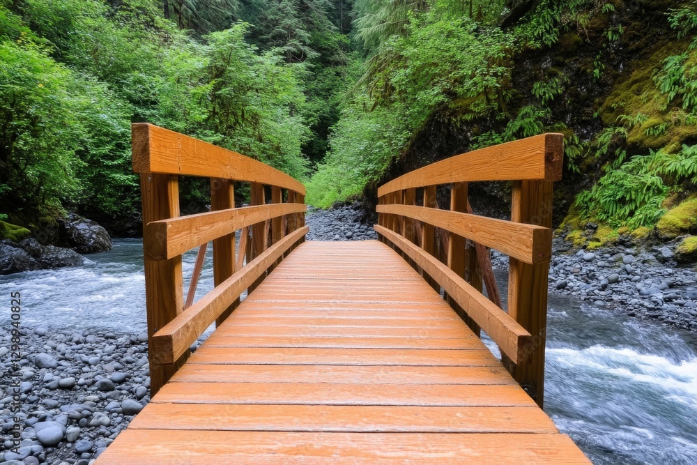 Obraz premium A wooden footbridge crossing a small river deep in an old-growth forest