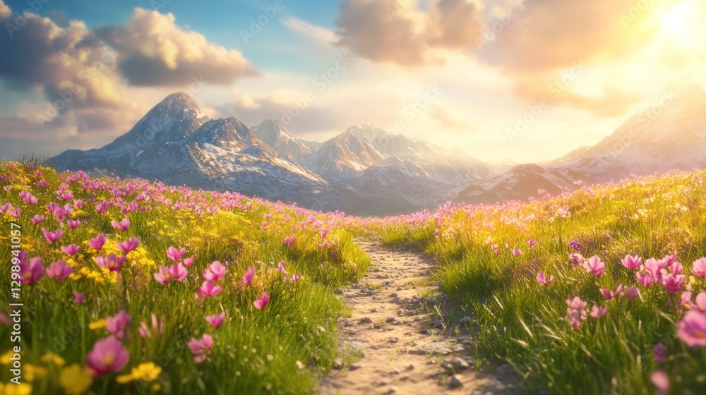 Fototapeta premium Walking Path Through Meadow Leading to Snowy Mountains at Sunrise