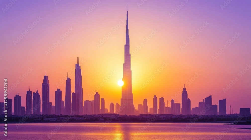 Obraz premium Breathtaking Sunrise Over City Skyline with Colorful Sky Hues