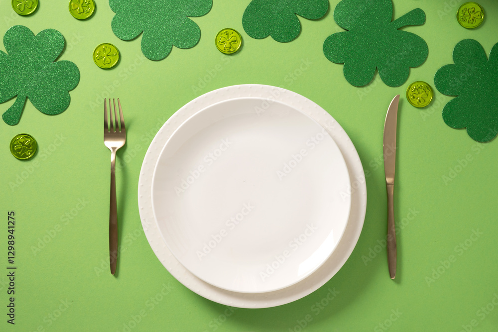 St Patrick's Day table setting with empty white plate and traditional shamrock, clover leaves and coins on light green background. View from above.