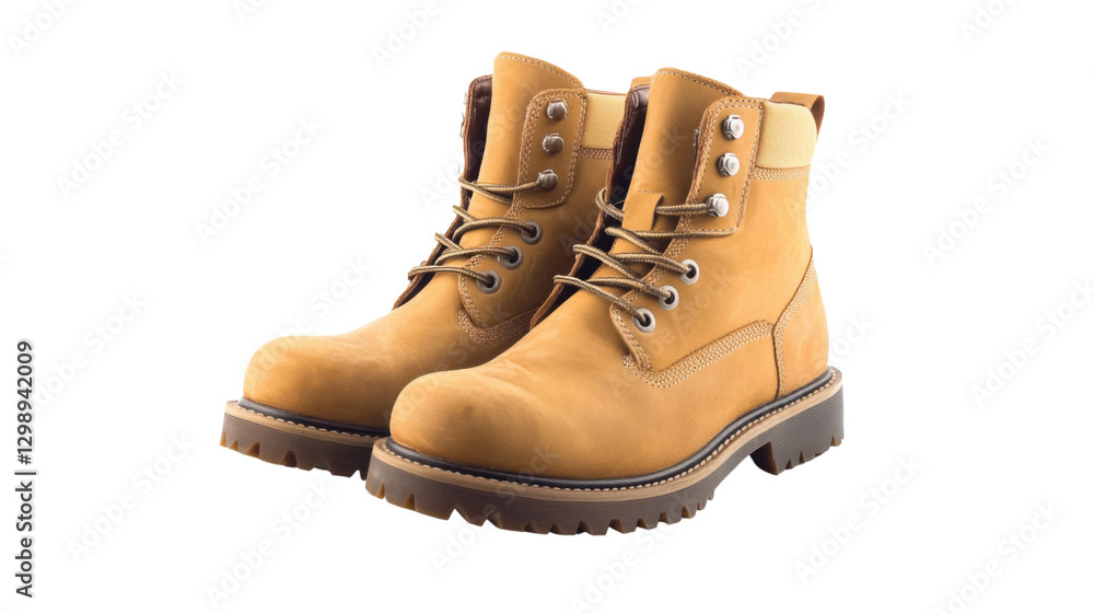 Pair of yellow leather work boots isolated on transparent background Pair of yellow leather work boots isolated on transparent background