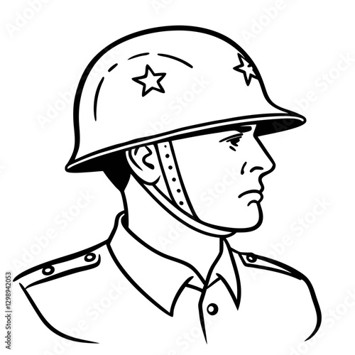 Black and White Vintage Soldier Illustration in Military Helmet