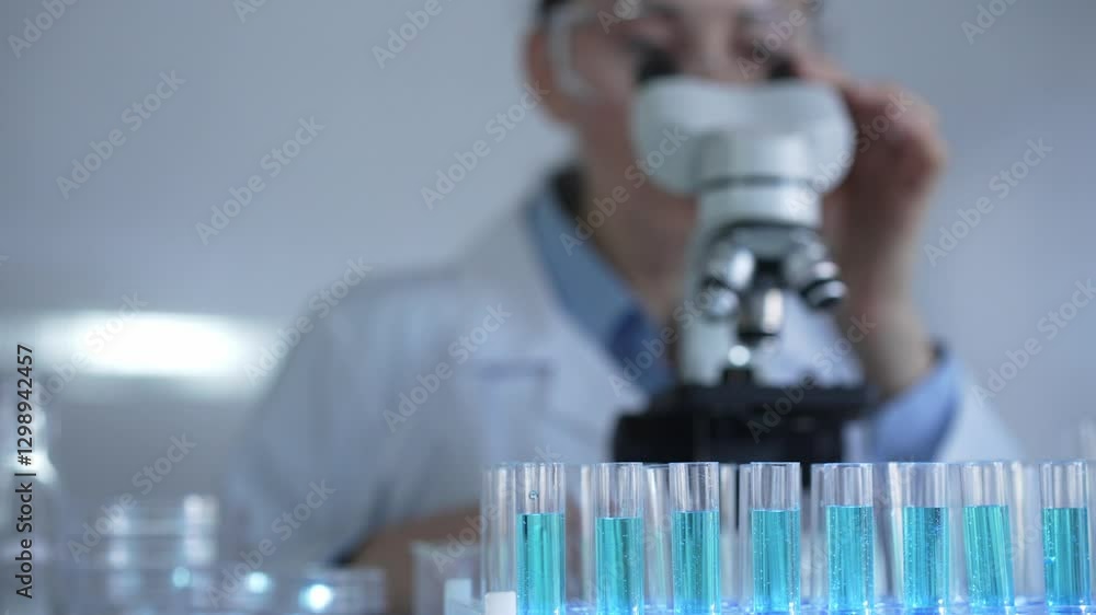 Laboratory tubes, filled with a blue liquid, are in focus, closeup view. Female scientist researcher is using a microscope at the background. Medicine and science concept Laboratory tubes, filled with a blue liquid, are in focus, closeup view. Female scientist researcher is using a microscope at the background. Medicine and science concept