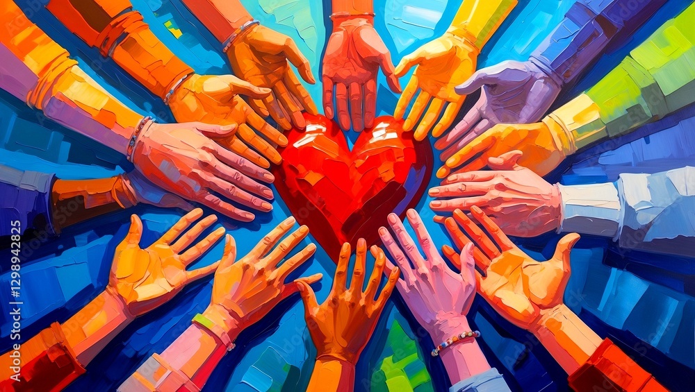 Naklejka premium Many hands united in love and colorful harmony