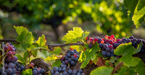 Bild auf Leinwand Grappe de raisin noir dans les vignes avant les vendanges et l'élaboration du vin rouge