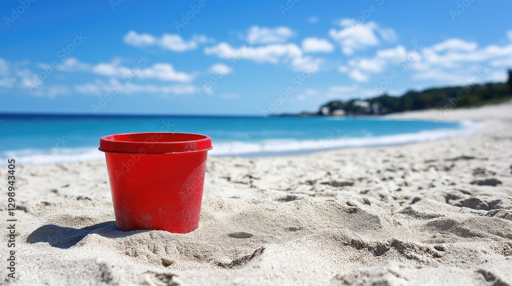 A vibrant red bucket resting on sandy shore, perfect for children's playtime by the sea. A vibrant red bucket resting on sandy shore, perfect for children's playtime by the sea.