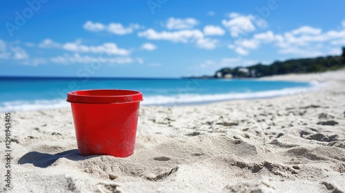 A vibrant red bucket resting on sandy shore, perfect for children's playtime by the sea.