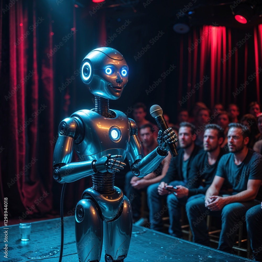 Naklejka premium A humanoid robot stands on stage holding a microphone while delivering a performance. Human spectators are captivated in a crowded venue illuminated by red and blue lights, engaging with the act