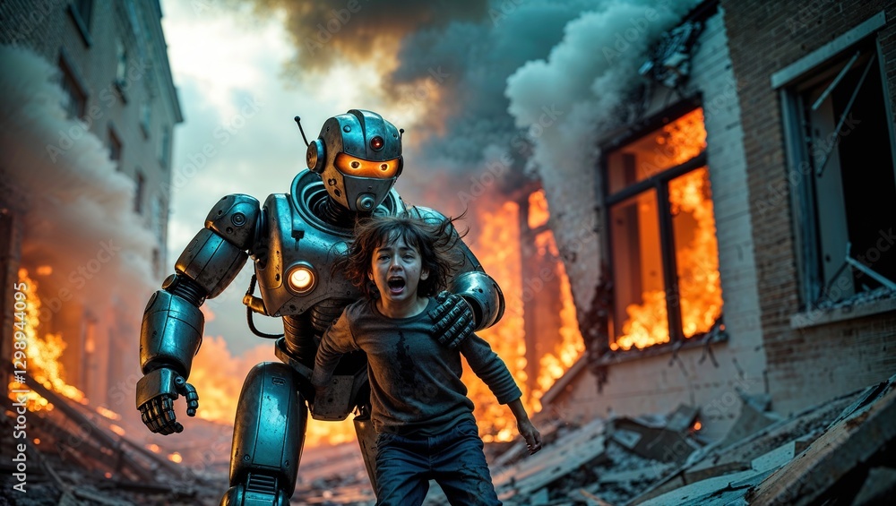 Naklejka premium In a chaotic urban environment engulfed in flames, a humanoid robot rescues a terrified child from the destruction, highlighting the consequences of automation taking over human roles