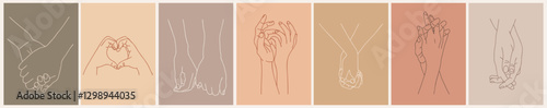 Holding Hands Outline Drawing modern minimalist wall art, poster. Love, relationship concept. Monochrome hand drawn ink style sketch. Vector line art illustrations on neutral earthy pastel background.
