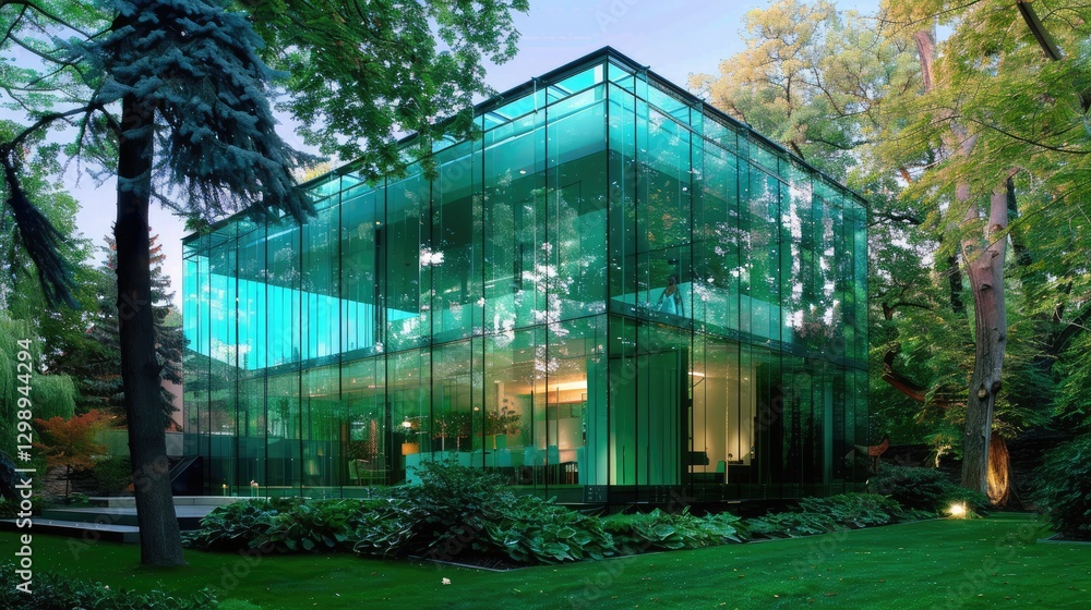 Modern glass house surrounded by lush greenery, showcasing contemporary architecture in a serene garden setting Modern glass house surrounded by lush greenery, showcasing contemporary architecture in a serene garden setting
