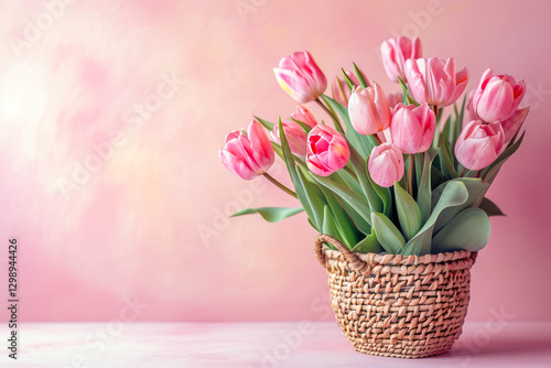 Wallpaper Mural A charming arrangement of beautiful pink tulips elegantly placed in a woven basket, set against a gentle soft pink background that perfectly captures the essence of springtime with copy space Torontodigital.ca