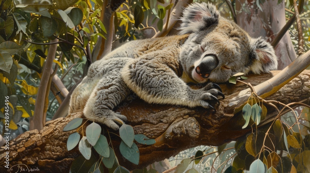 Obraz premium Koala sleeping in a eucalyptus tree